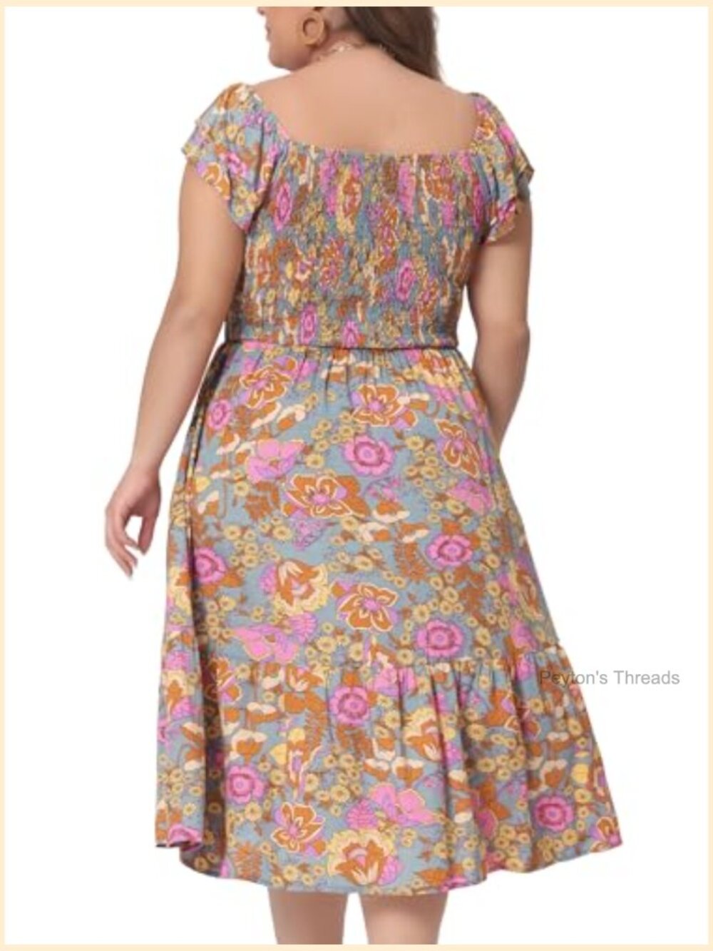 Plus Size Square Neck Flutter Sleeve Smocked High Waist Flowy Midi Dress - Picture 4 of 5